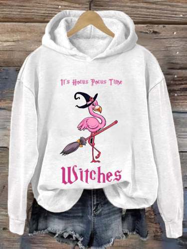 Women's It's Hocus Pocus Time Witches! Funny Halloween Flamingo Casual Hoodie