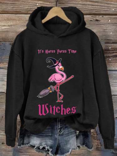 Women's It's Hocus Pocus Time Witches! Funny Halloween Flamingo Casual Hoodie