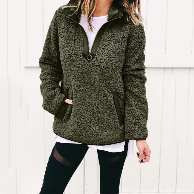 Women's Fleece Sweatshirt Half Zipped Stand Collar Warm Sweatshirt