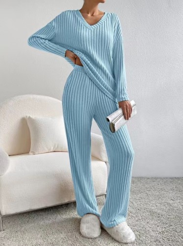 Women's Fall Winter 2Piece Set V-Neck Long Sleeve Knitted Pullover and Long Straight Pant