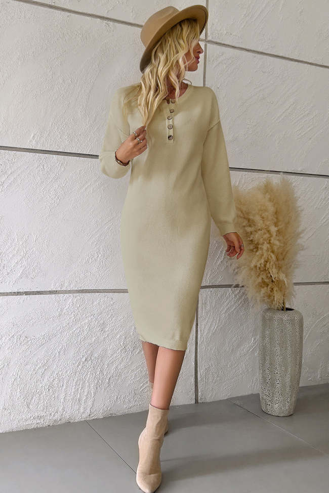 Women's Knitted Dress Front Buttoned Drop Shoulder Dress Fall Winter Dress