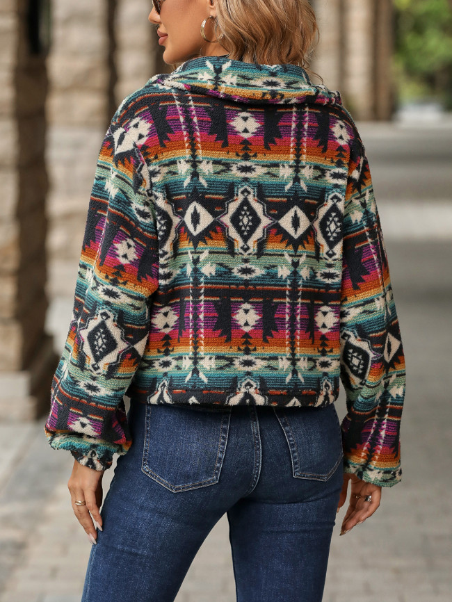 Women's Jacket Aztec Western Tribal Print Fleece Jacket Coat