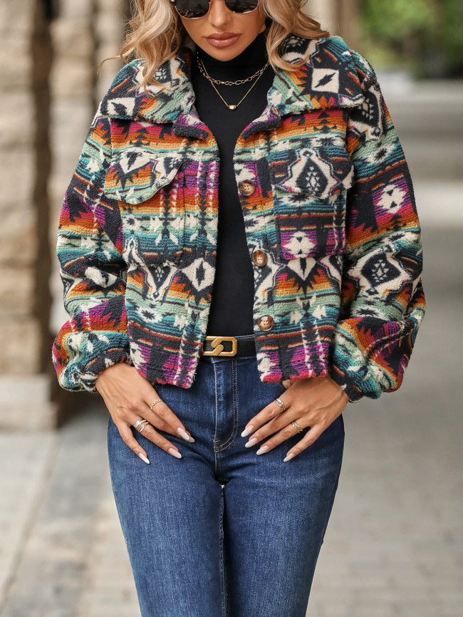 Women's Jacket Aztec Western Tribal Print Fleece Jacket Coat