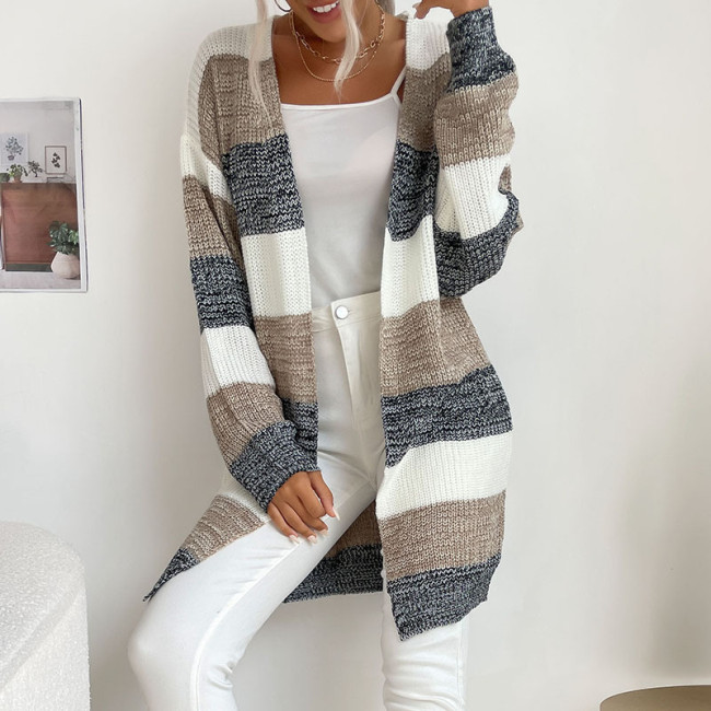 Women's Knitted Cardigan Striped Long Sleeve Duster Cardigan 12Colors