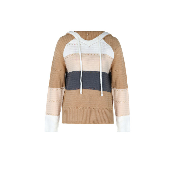 Women's Knitted Hoodie Color Block Pullover
