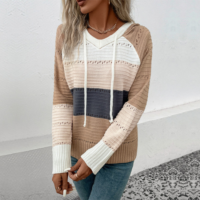 Women's Knitted Hoodie Color Block Pullover