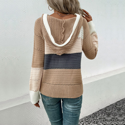 Women's Knitted Hoodie Color Block Pullover