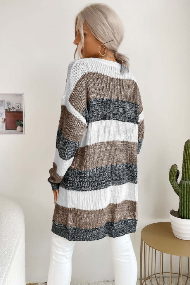 Women's Knitted Cardigan Striped Long Sleeve Duster Cardigan 12Colors