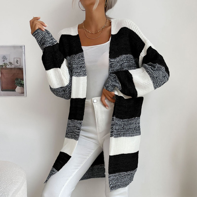 Women's Knitted Cardigan Striped Long Sleeve Duster Cardigan 12Colors