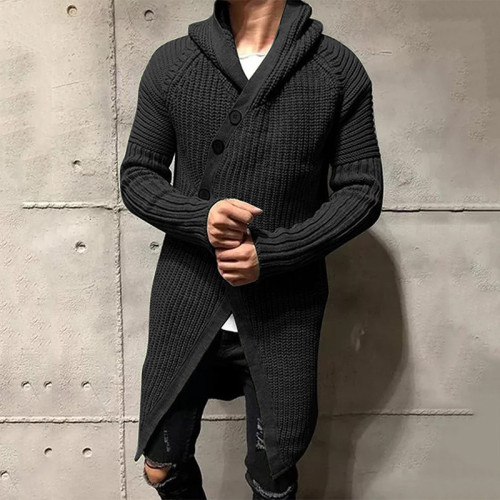 Men's Long Knitted Cardigan Solid Color Irregular Long Cardigan with Hoodie
