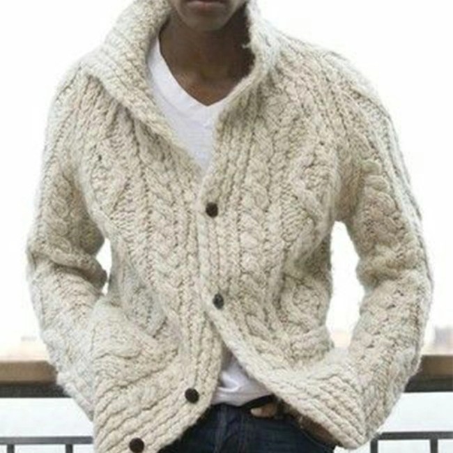 Men's Knitted Cardigan Solid Color Lapel Single Bleasted Long Cardigan with Pocket