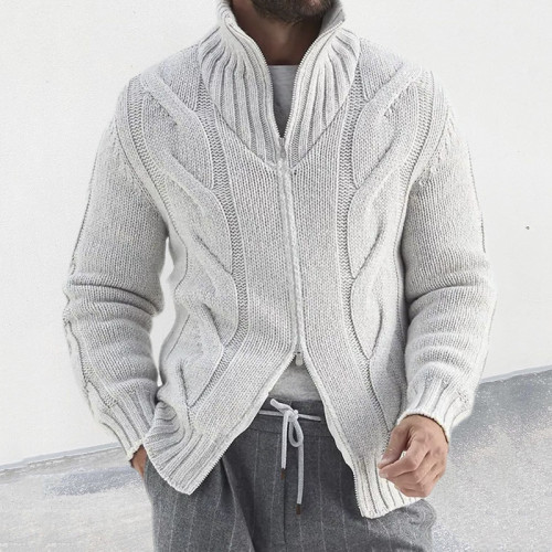 Men's Knitted Cardigan Solid Color Zipper Loose Stand Collar Cardigan