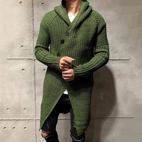 Men's Long Knitted Cardigan Solid Color Irregular Long Cardigan with Hoodie