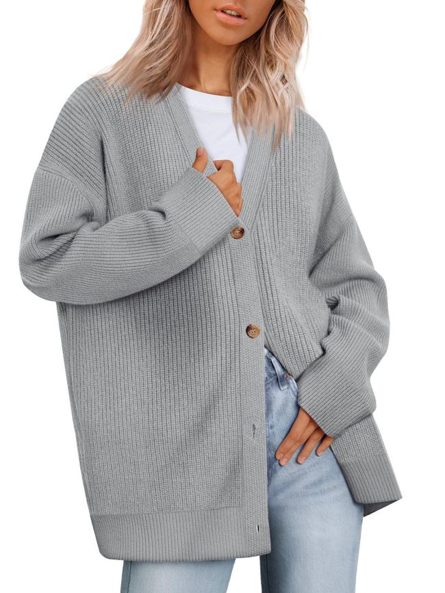 Women's Knitted Cardigan Solid Color Single Breasted Loose V-Neck Cardigan