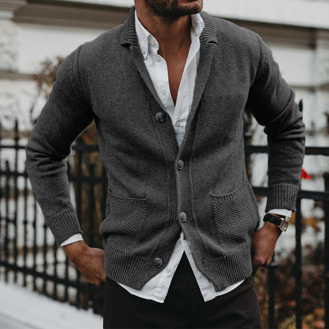 Men's Knitted Cardigan Solid Color Single Breasted Loose V-Neck Cardigan