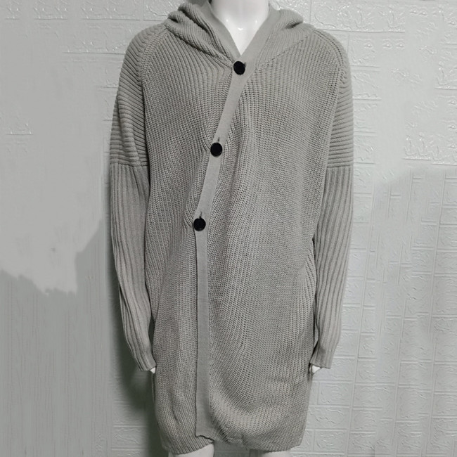 Men's Long Knitted Cardigan Solid Color Irregular Long Cardigan with Hoodie