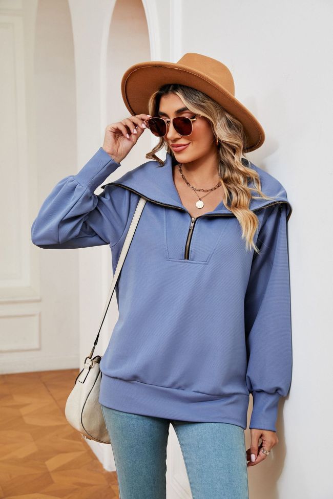 Women's Solid Color Sweatshirt Lapel Zipper Pullover Top