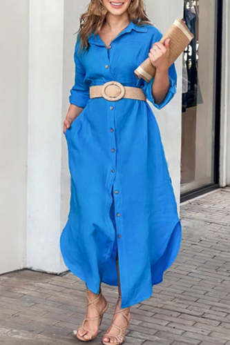 Women's Solid Blue Shirt Dress Lapel Long Sleeve Single Breasted Maxi Dress