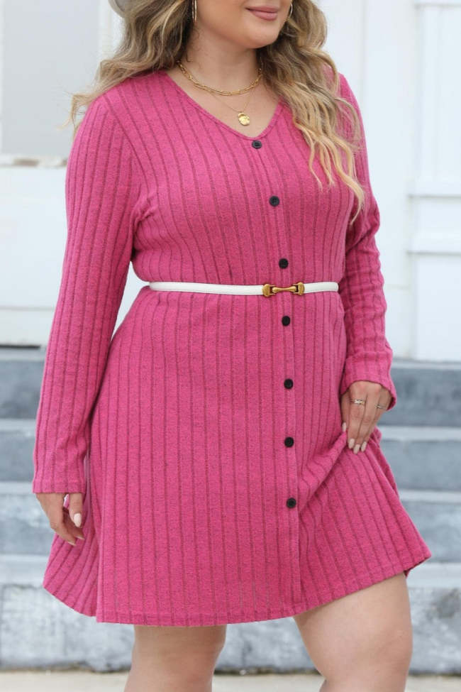 Casual Solid Patchwork V Neck Long Sleeve Plus Size Dresses (Without Belt)