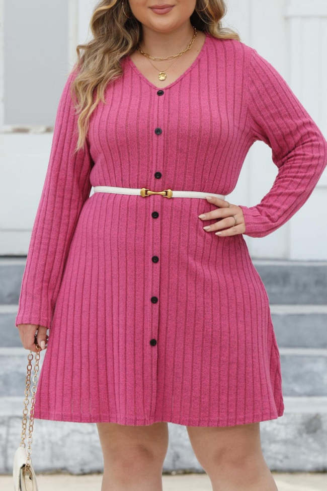 Casual Solid Patchwork V Neck Long Sleeve Plus Size Dresses (Without Belt)