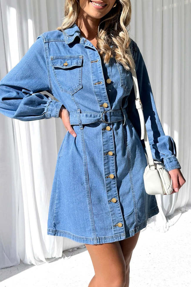 Casual Solid Pocket Buckle With Belt Turndown Collar Long Sleeve Straight Denim Dresses