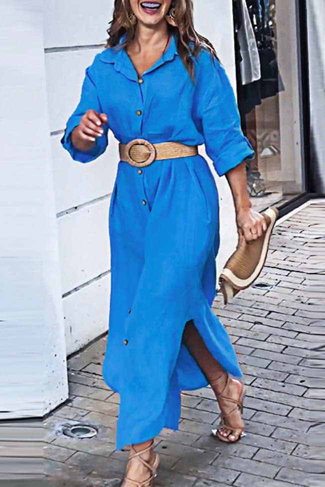 Women's Solid Blue Shirt Dress Lapel Long Sleeve Single Breasted Maxi Dress