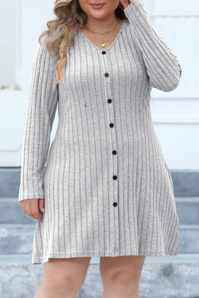 Casual Solid Patchwork V Neck Long Sleeve Plus Size Dresses (Without Belt)