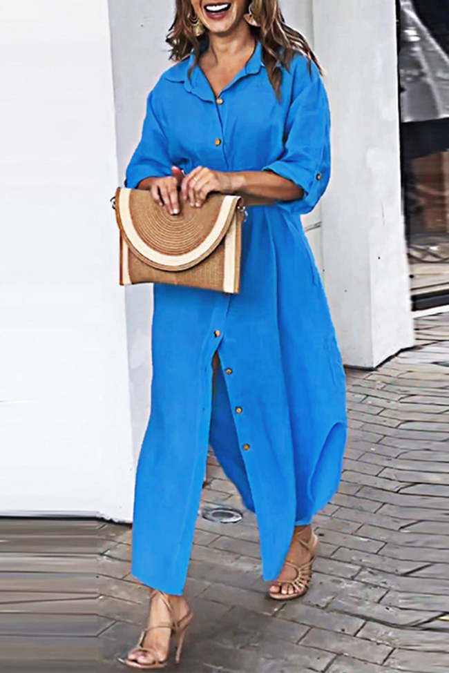 Women's Solid Blue Shirt Dress Lapel Long Sleeve Single Breasted Maxi Dress