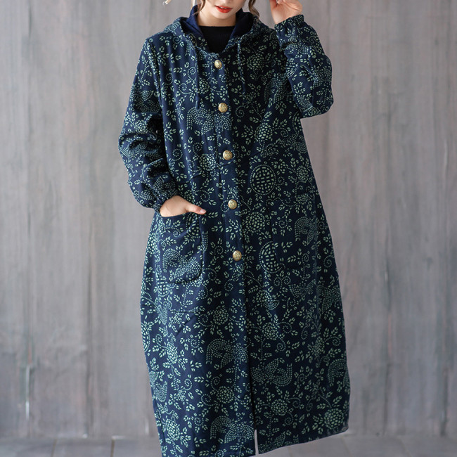 Women's Ethnic Jacket Coat Single-Breasted Floral Print Tribal Long Coat