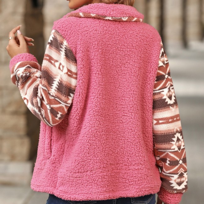 Women's Fleece Jacket Coat Ethnic Geo Sleeve Lapel Zipper Coat