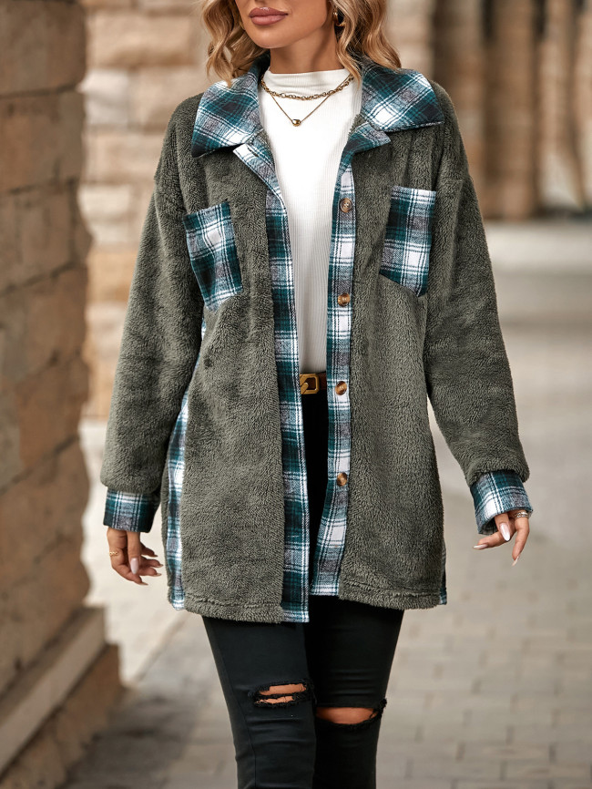 Women's Fleece Jacket Lapel Single Breasted Plaid Jacket Coat