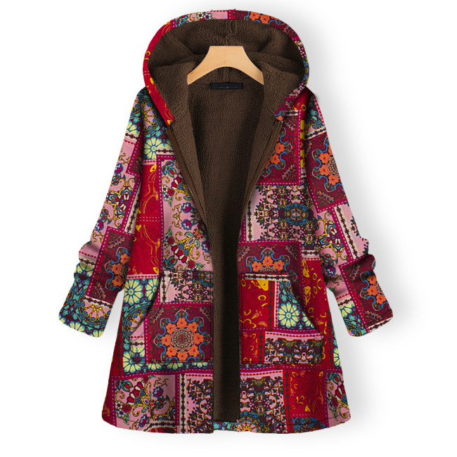 Women's Ethnic Tribal Red Coat Floral Print Hoodie Coat