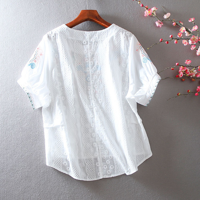 Women's Shirt Round Neck Short Sleeve Embroidered Ethnic Shirts