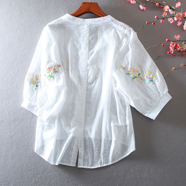 Women's Embroidery Floral Shirts V-Neck Ethnic Floral Shirts
