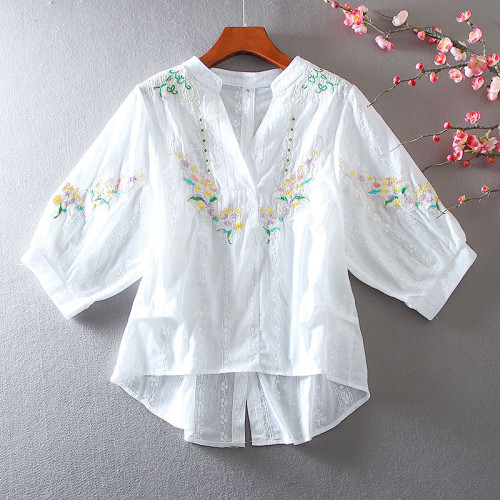 Women's Embroidery Floral Shirts V-Neck Ethnic Floral Shirts