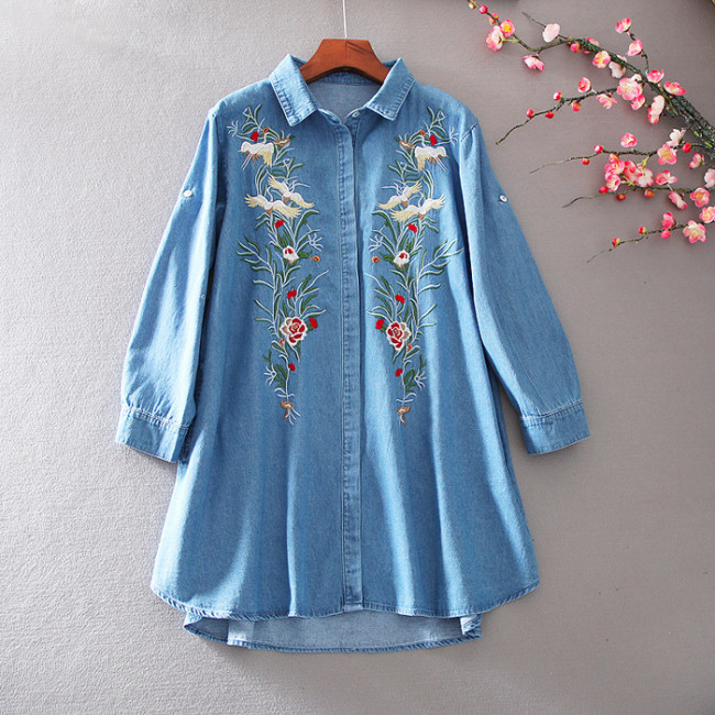 Wpmen's Embroidered Floral Shirt Denim Loose Shirts