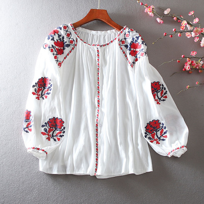 Women's Ethnic Casual Loose Embroidered Flower Long Sleeve Cotton and Linen Retro Shirt