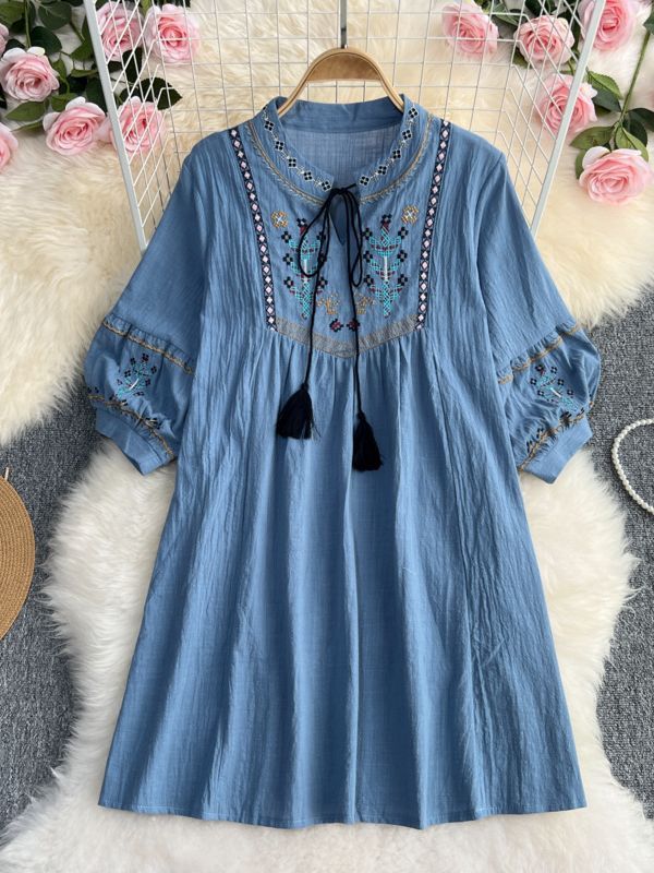 Women's Ethnic Dress Embroidered Puff Sleeve Loose Slim Western Boho Dress