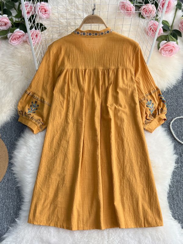 Women's Ethnic Dress Embroidered Puff Sleeve Loose Slim Western Boho Dress