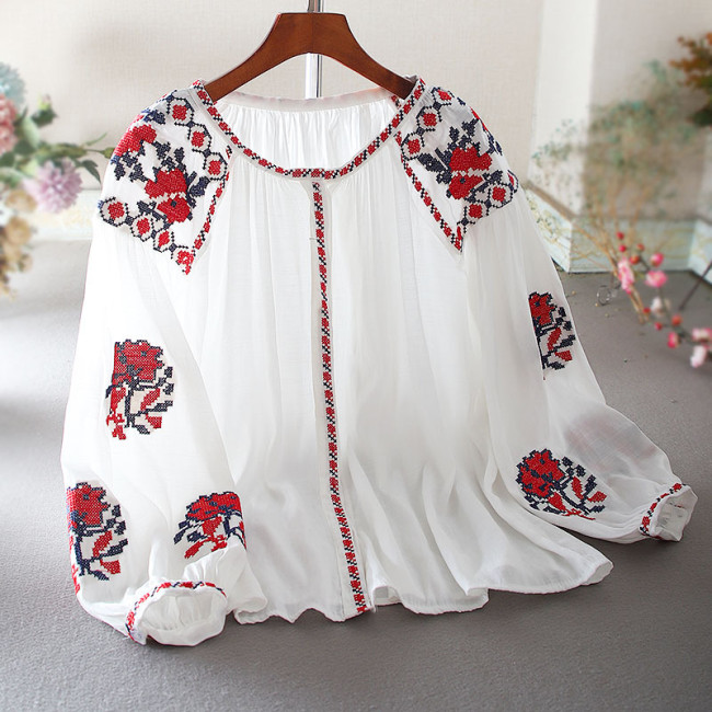 Women's Ethnic Casual Loose Embroidered Flower Long Sleeve Cotton and Linen Retro Shirt