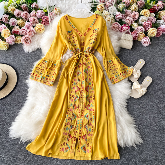 Women's Bohemian Dress Ethnic Embroidered Floral V-Neck Flared Sleeve Holiday Dress