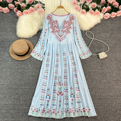 Women's Bohemian Dress Ethnic Embroidered Floral V-Neck Long Maxi Dress