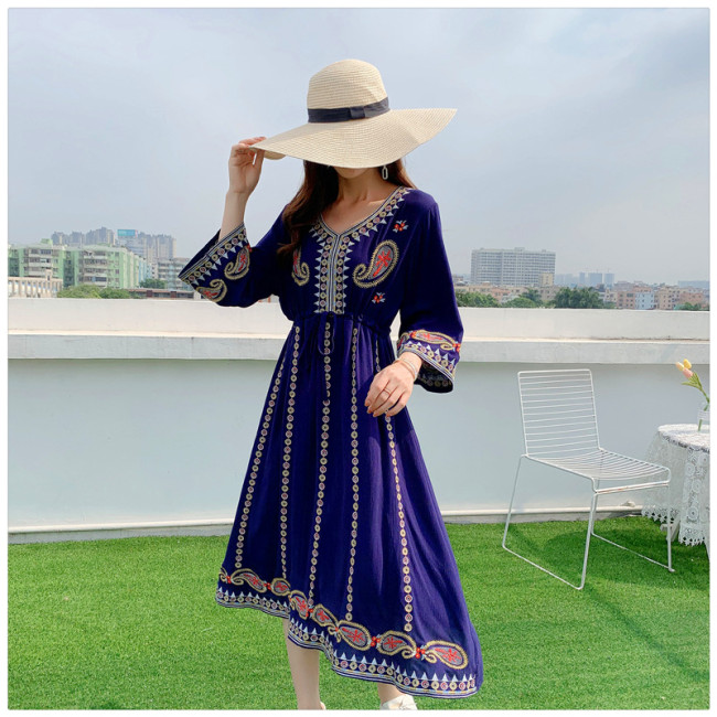 Women's Bohemian Dress Embroidered Floral Holiday Midi Dress