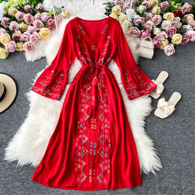 Women's Bohemian Dress Ethnic Embroidered Floral V-Neck Flared Sleeve Holiday Dress