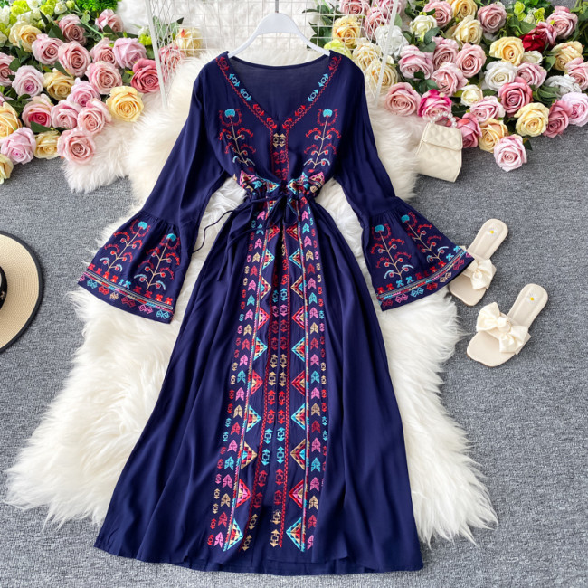 Women's Bohemian Dress Ethnic Embroidered Floral V-Neck Flared Sleeve Holiday Dress