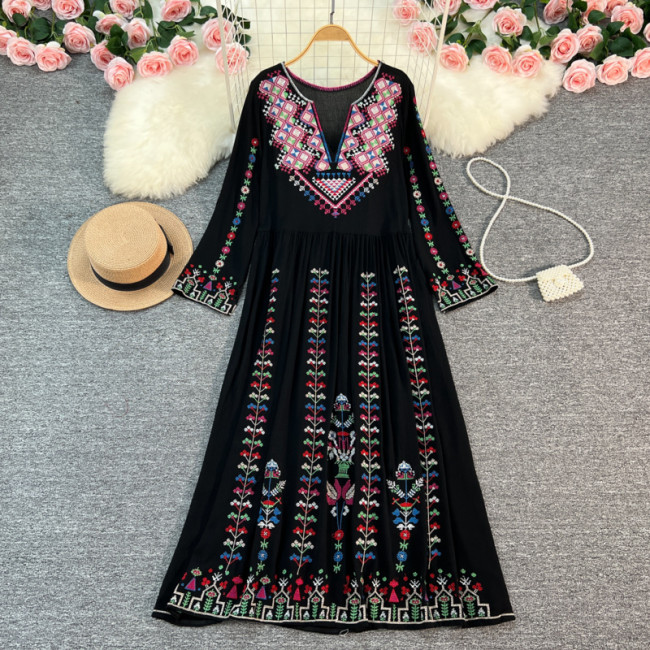Women's Bohemian Dress Ethnic Embroidered Floral V-Neck Long Maxi Dress