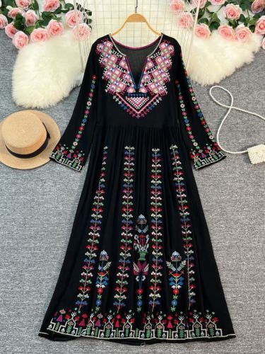 Women's Bohemian Dress Ethnic Embroidered Floral V-Neck Long Maxi Dress