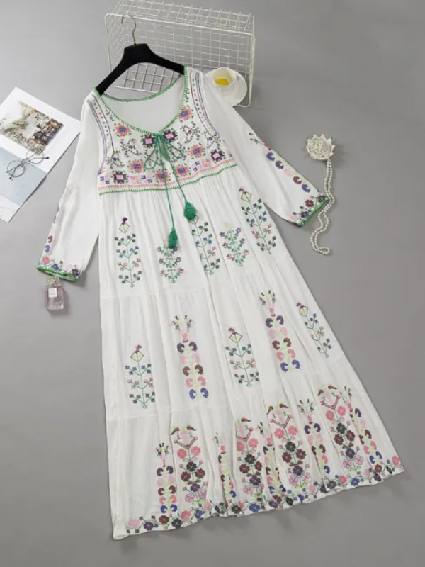 Women's Bohemian Dress Ethnic Embroidered Floral Long Dress