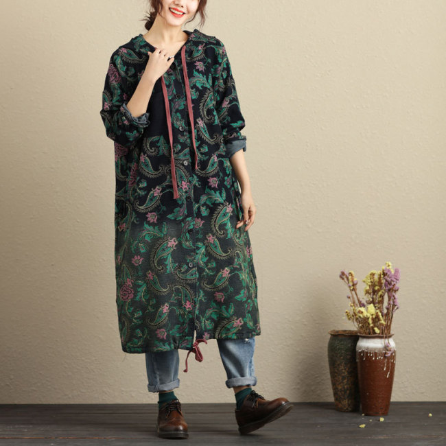 Women's Tribal Floral Pattern Long Loose Cardigan with Hoode OverSize