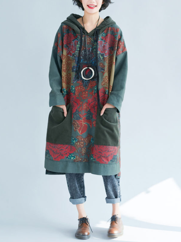Women's Retro Tribal Floral Hoode Dress with Big Pocket Fall Winter Dresses